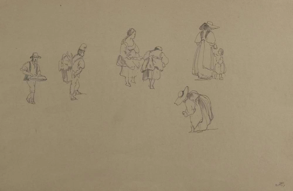 Schizzi con paesaggi e studi di figura 1